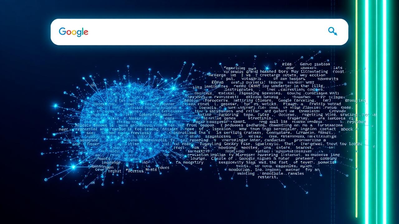 Barra de busca do Google se dissolvendo em fragmentos de texto gerado por IA