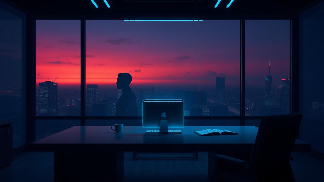 Mesa de escritório vazia ao entardecer com holograma de IA substituindo um vendedor