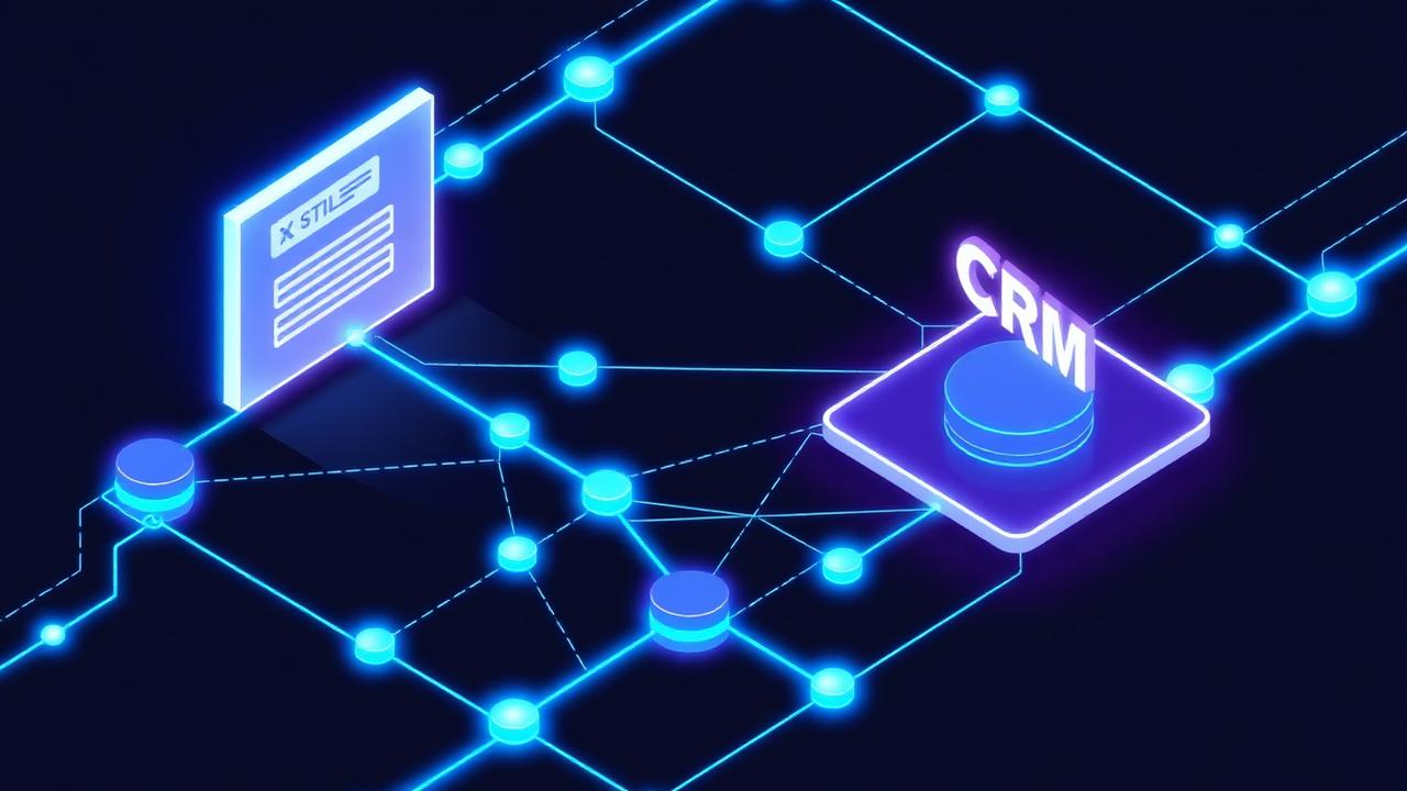 Sistema isométrico digital conectando site, tráfego, IA e CRM