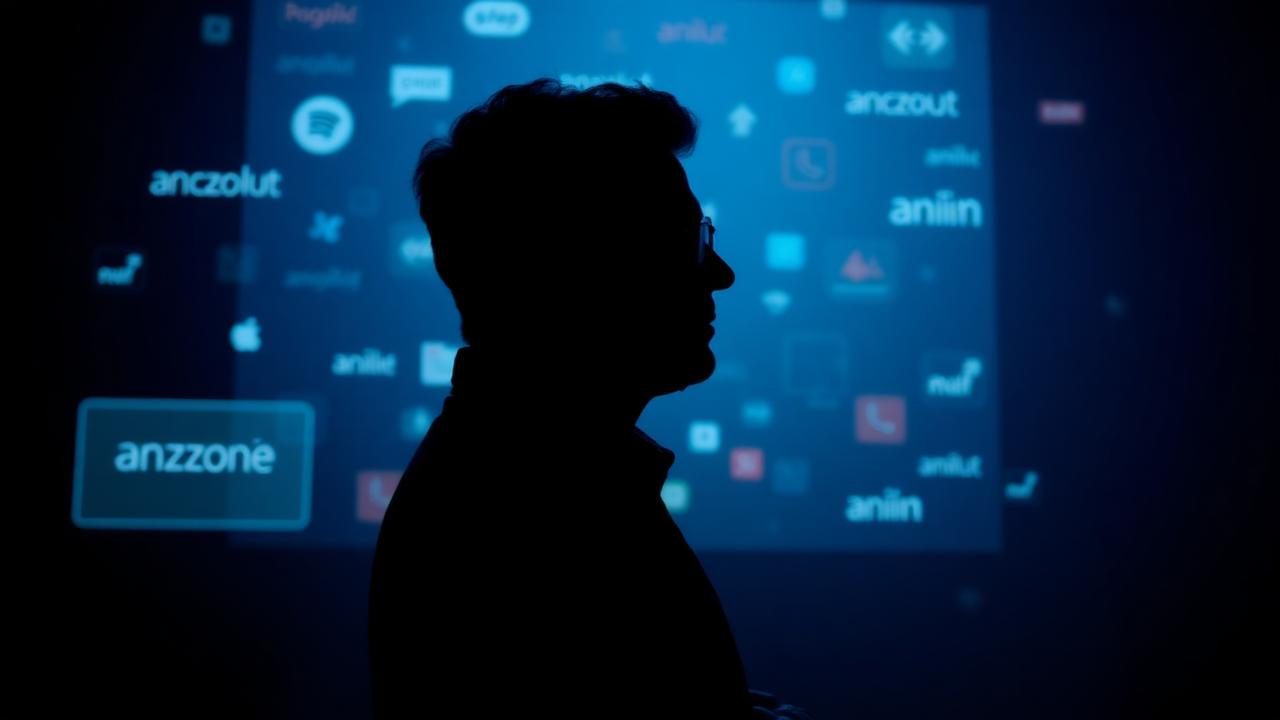 Silhueta editorial de fundador iluminado por luz de tela com elementos de marca flutuando