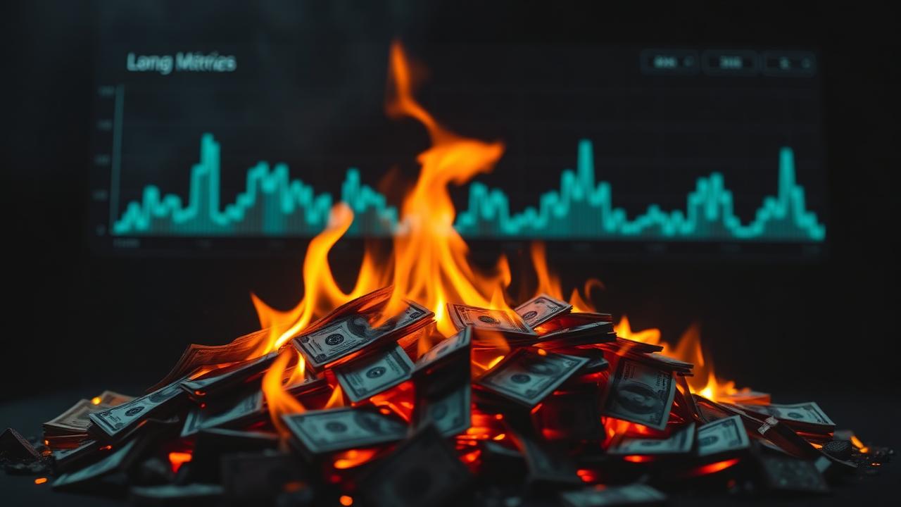 Pilha de dinheiro queimando com gráfico de anúncios em flatline ao fundo